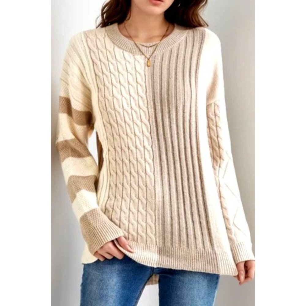 Neutral Colorblock Cable Knit Sweater Womens Size XL Drop Shoulder Sleeve NEW